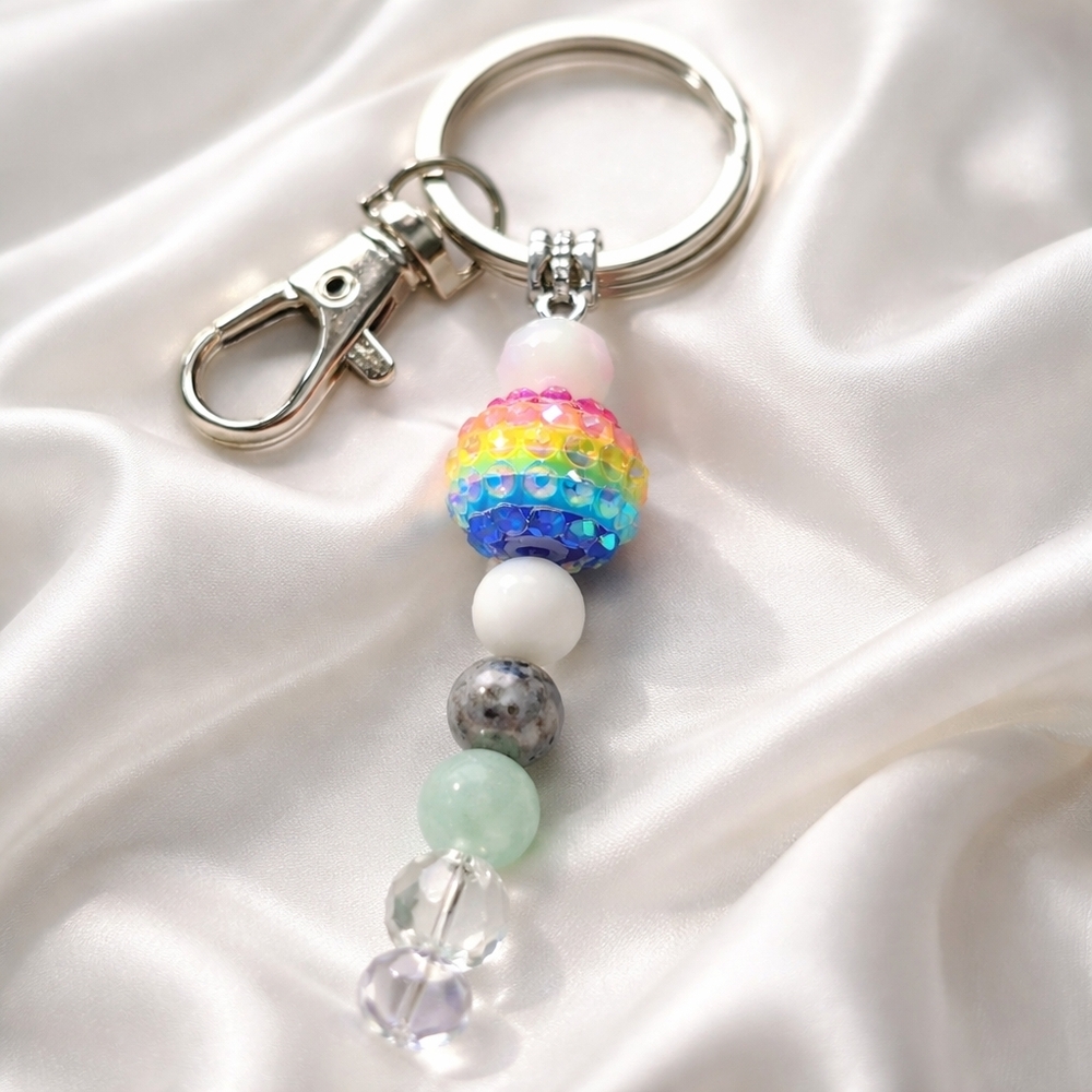 New Beginnings Keyring. Moonstone, Labradorite & Green Aventurine Crystals